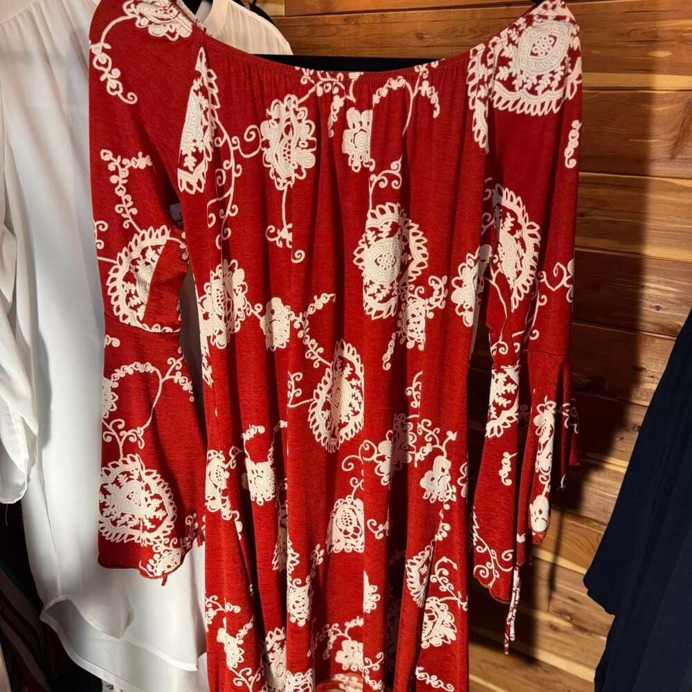 2B Together Red Boho Bell Sleeve Blouse, Off the Shoulder Festival Top - Size M